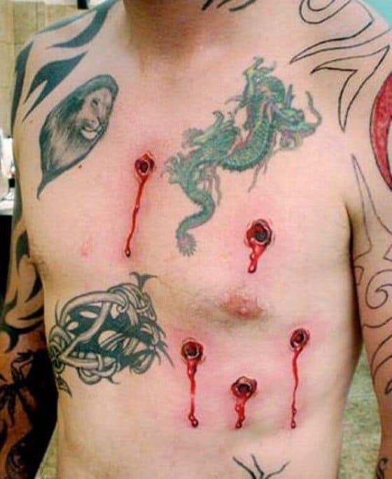 Tattoos of bullet wounds on the human body