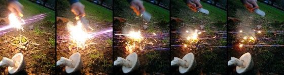 The ultimate knife's ferrocerium striker being used to make sparks