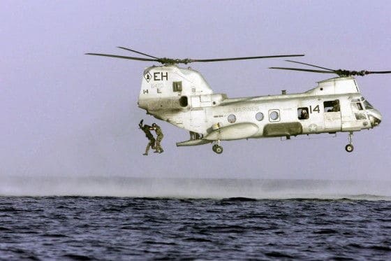 Boeing-CH-46 Marines jumping out of a CH-46 Sea Knight helicopter into the water