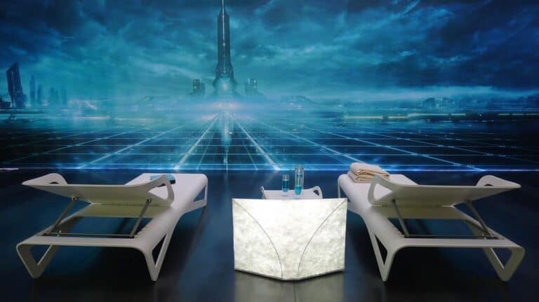 Dupont Corian Lounge chairs and Tyvek lamp look over Disney's Tron Outlands