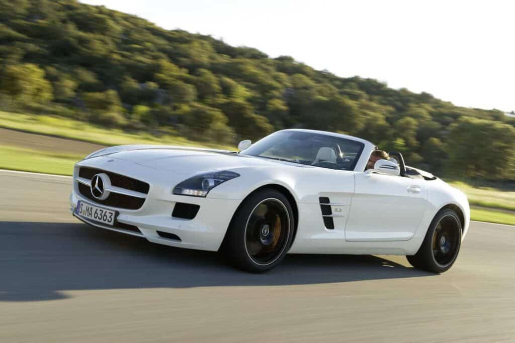 White-Mercedes-Benz-SLS-AMG-Roadster-Driving