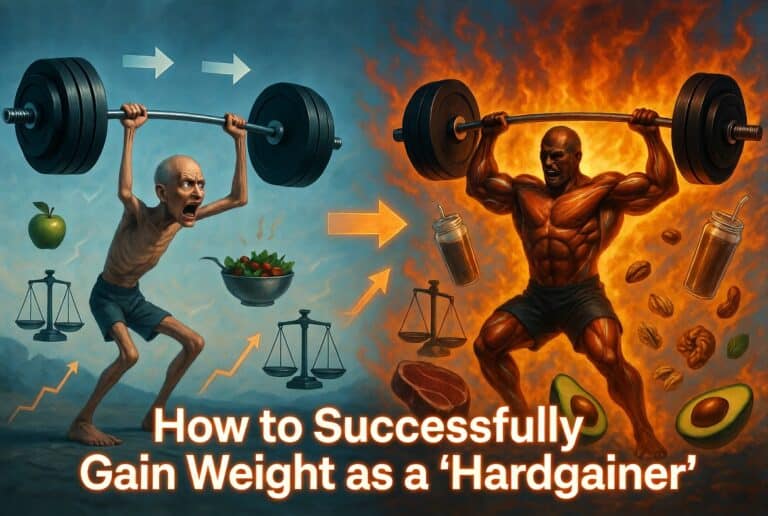 Aging man lifting heavy weights with an intense expression, symbolizing muscle gain and strength, surrounded by healthy food and scales representing weight management, emphasizing muscle building and fitness success.