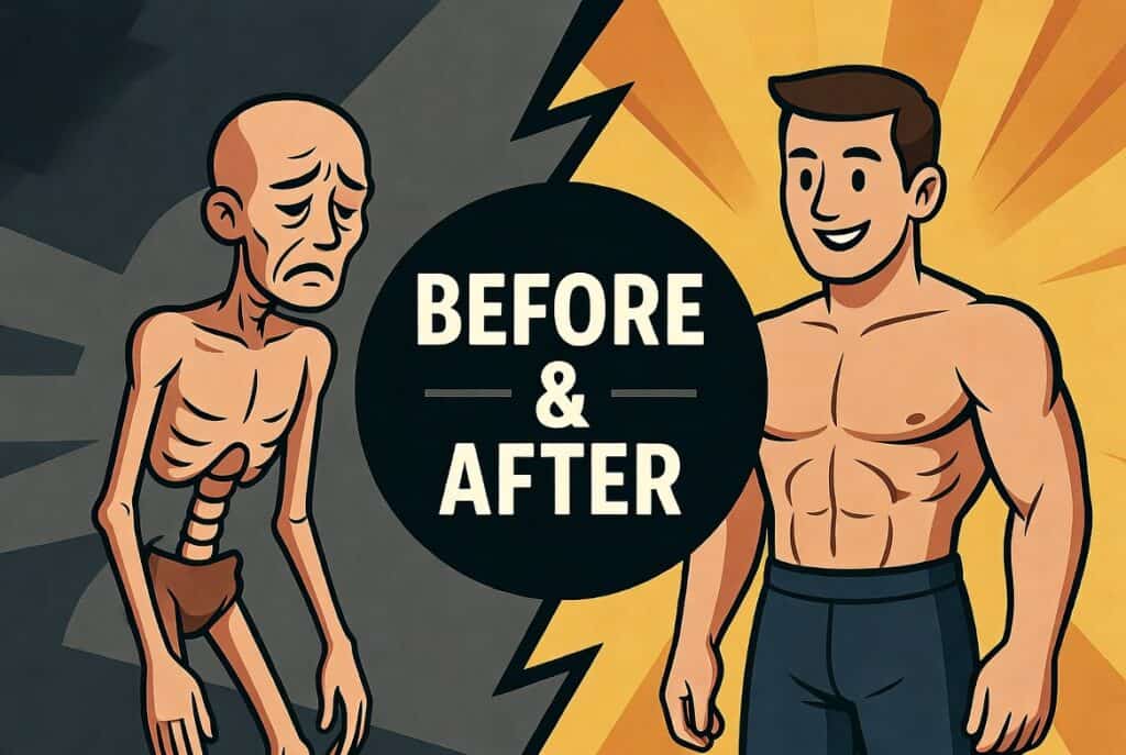 1. Before and after transformation of a man showing a dramatic change from a muscular, confident look to a frail, tired appearance.
