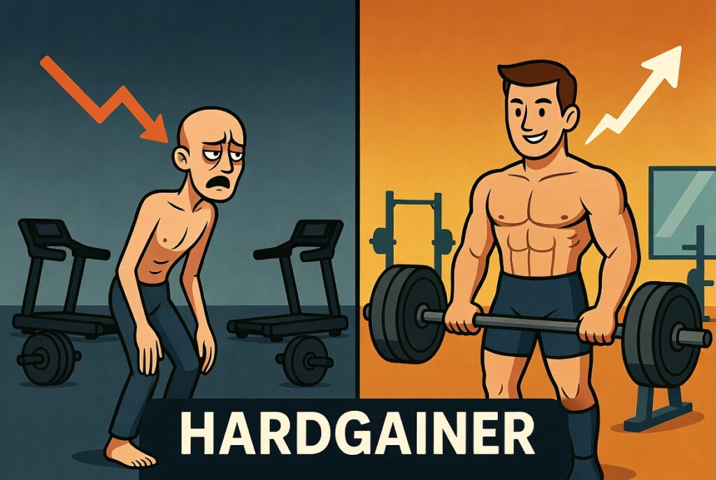 Bald man exhausted from cardio workout, contrasted with muscular man lifting weights with confidence, illustrating transformation and dedication in men's fitness.