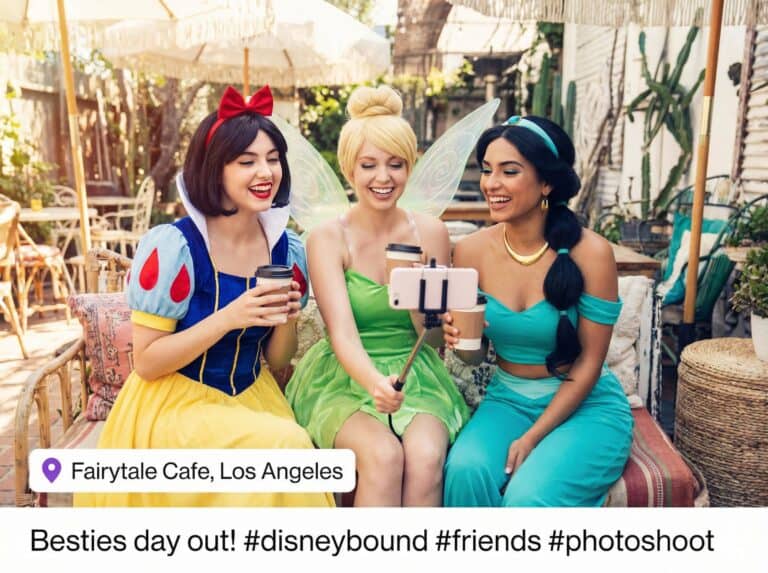 Vivid image of three women dressed as Disney characters enjoying coffee at an outdoor cafe, capturing friendship and fun moments perfect for lifestyle and entertainment SEO.