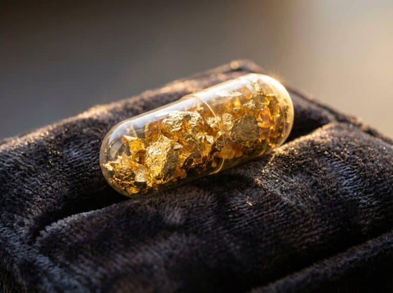 Close-up of a transparent capsule filled with shiny gold flakes resting on a black velvet surface.