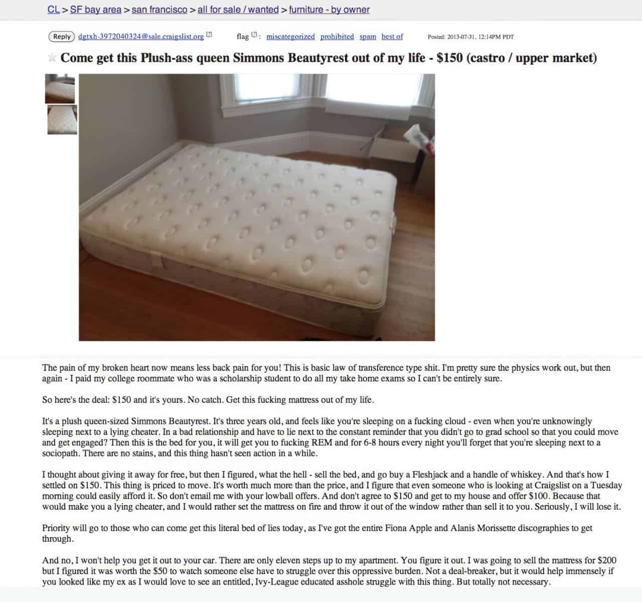 Weird Craigslist Bed Frame Ads With a Few Extras For Laughs 5 plus queen size mattress enlarged