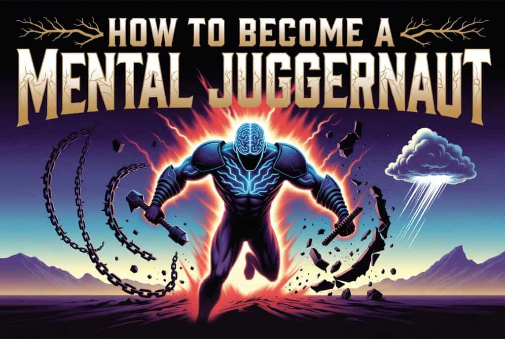 1. A powerful digital illustration of a muscular figure with a glowing brain, wielding a hammer and chain, symbolizing mental strength and transformation, with dramatic lightning and stormy clouds in the background.