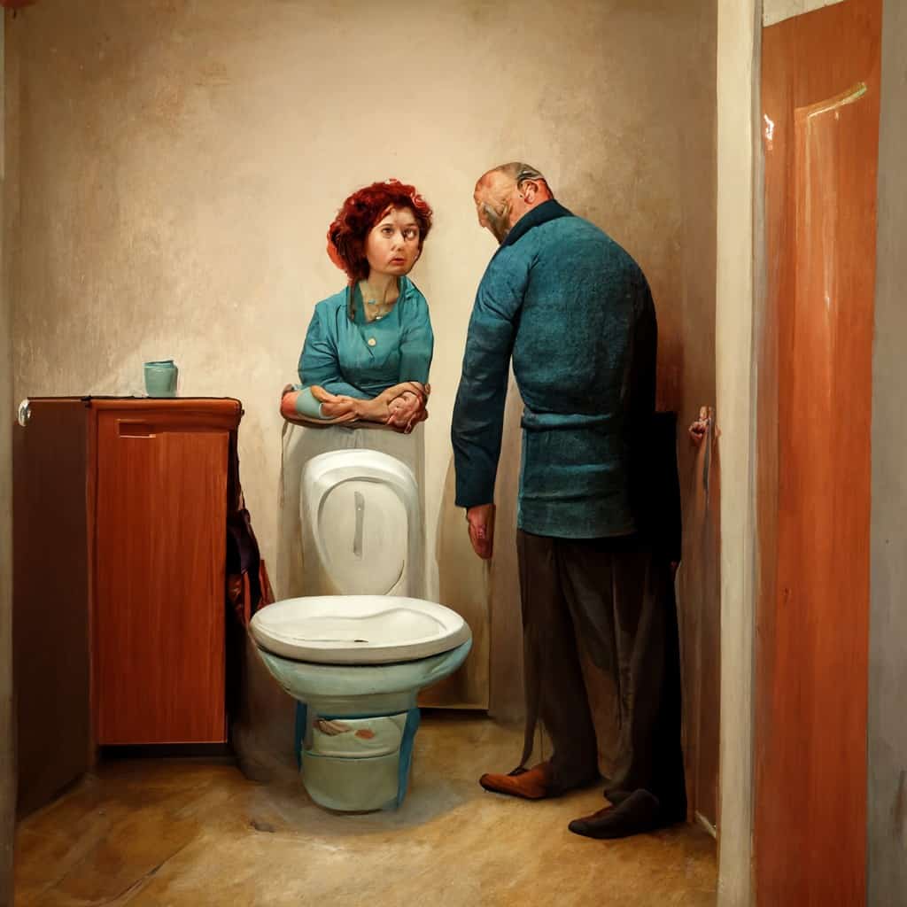 woman scolding man because he forgot to put the toilet seat down