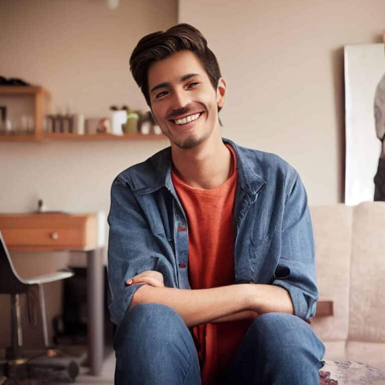 a smiling man in his bachelor pad