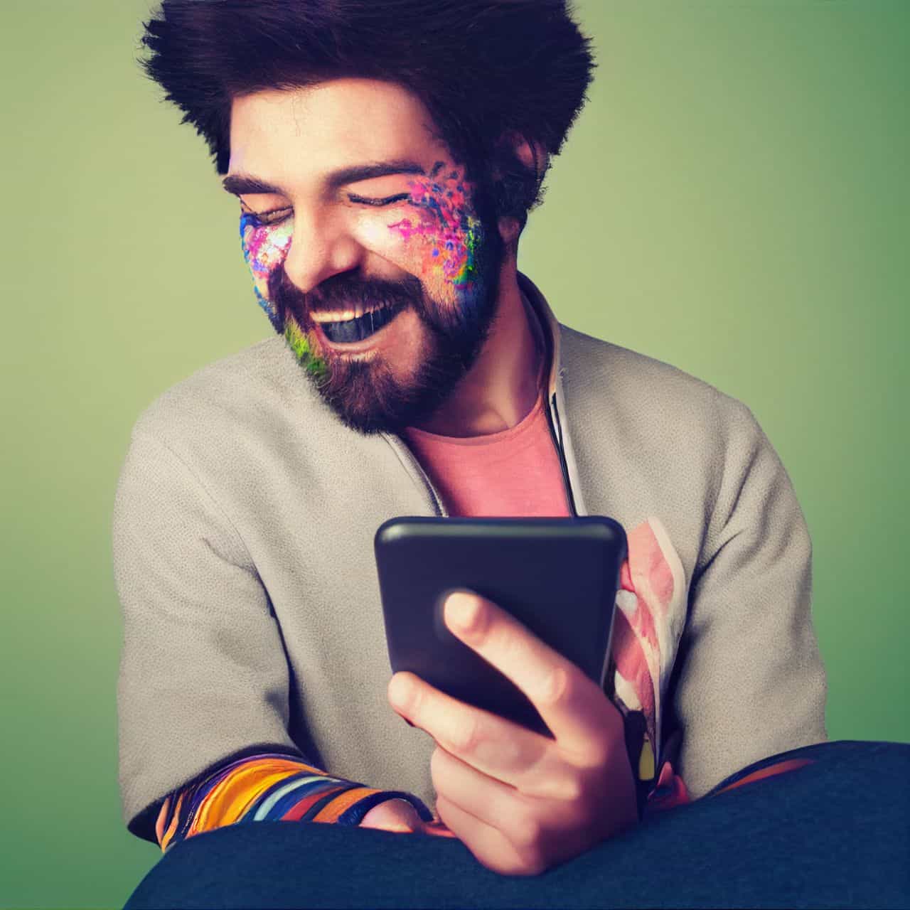 a smiling man texting for free