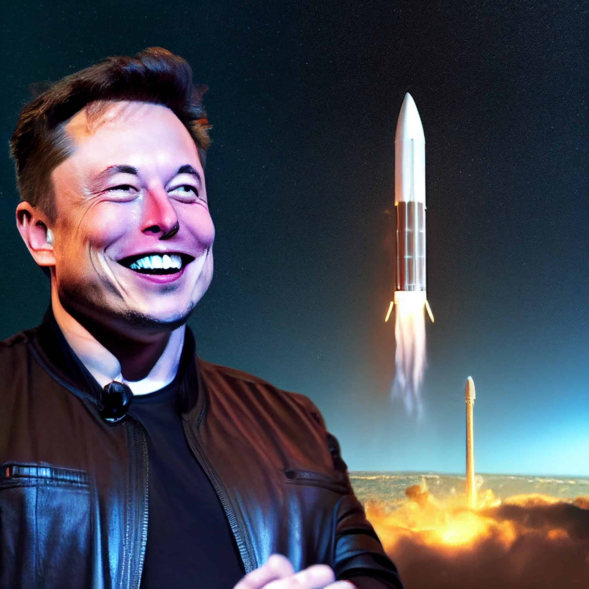 elon musk smiling as a rocket launches behind him