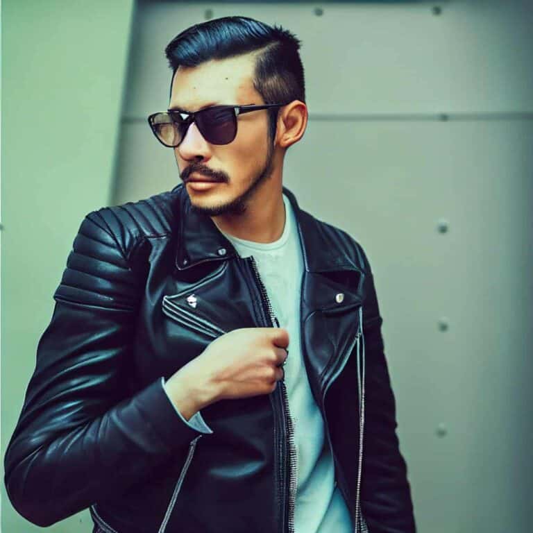 man wearing classic leather moto jacket