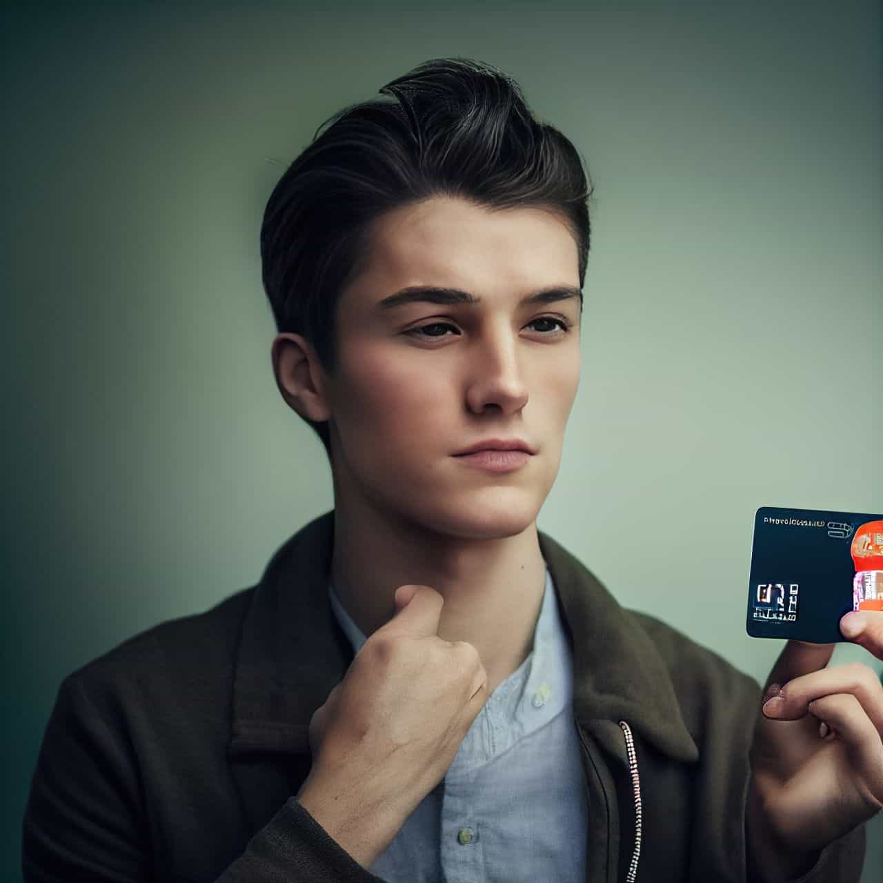 young man holding a credit card