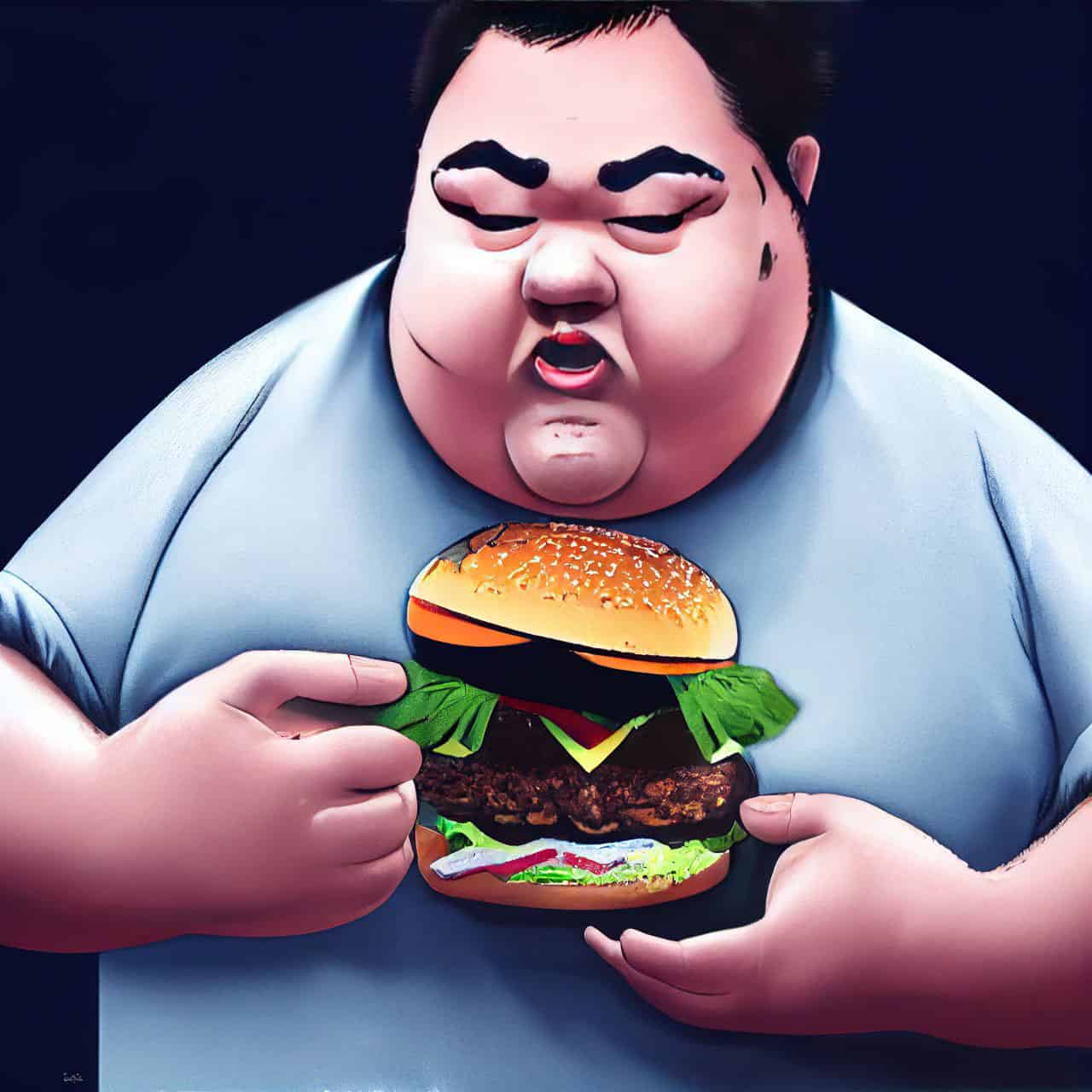 obese man eating a burger