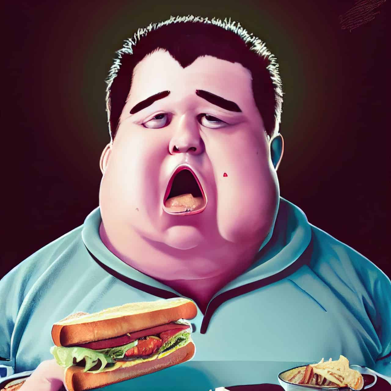 obese man eating a sandwich