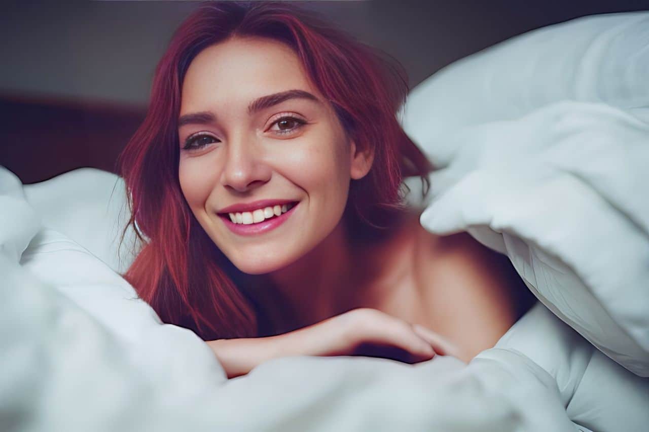 woman in bed sheets smiling
