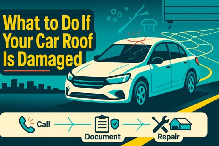 Damaged car roof repair and repair process infographic with a cracked roof, calling, documenting, and fixing a damaged vehicle. Suitable for automotive repair, roof damage, and maintenance tips.