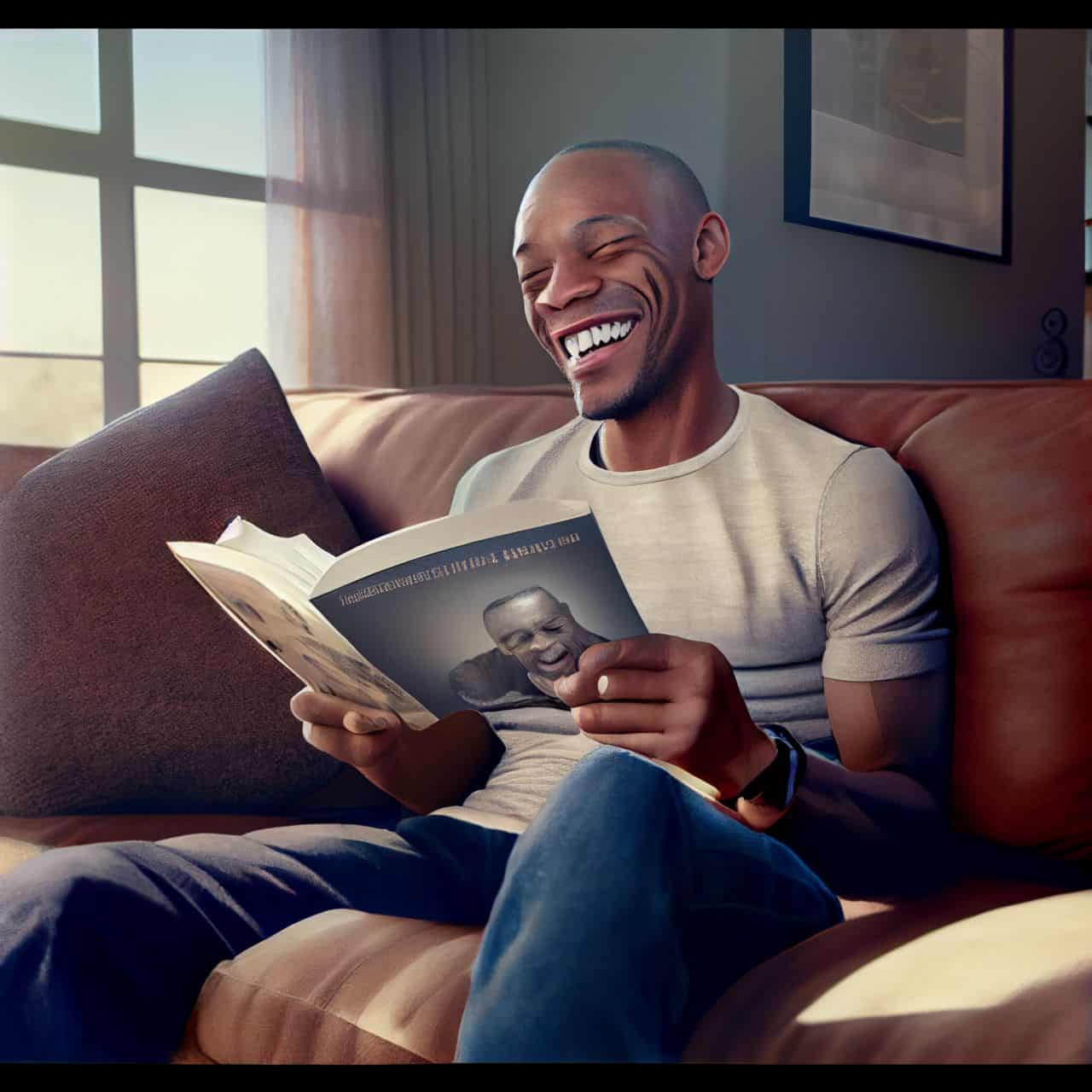 a man smiling and reading a book
