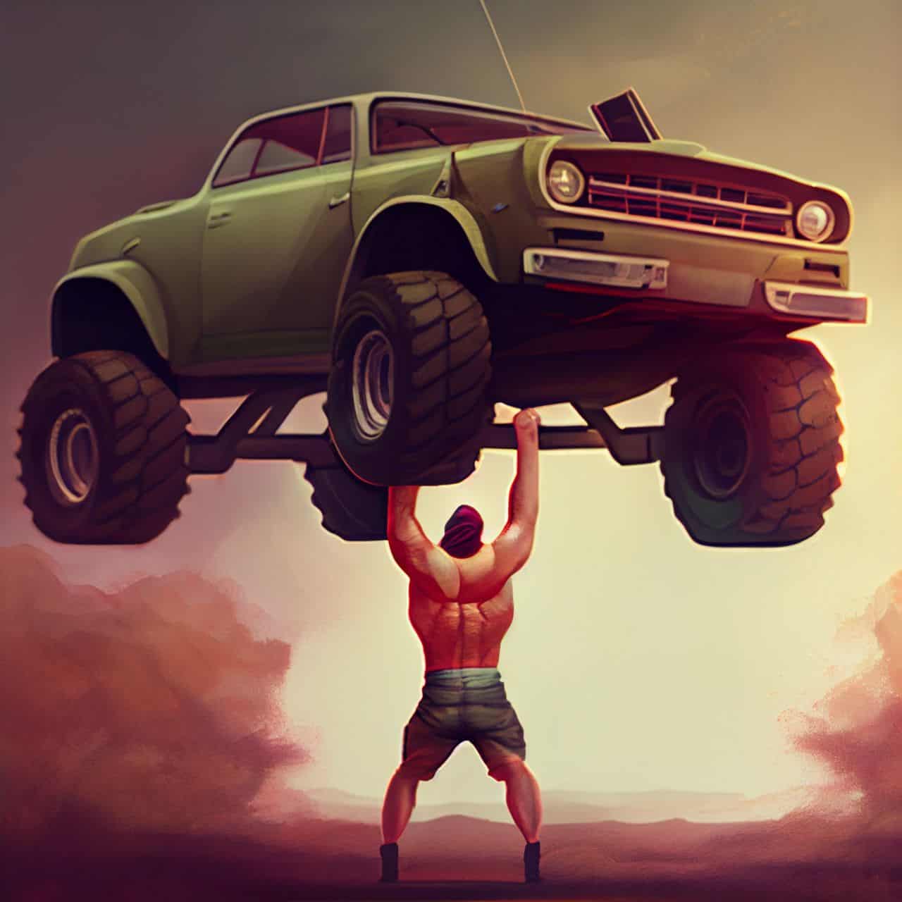 a strong husband lifting a car over his head