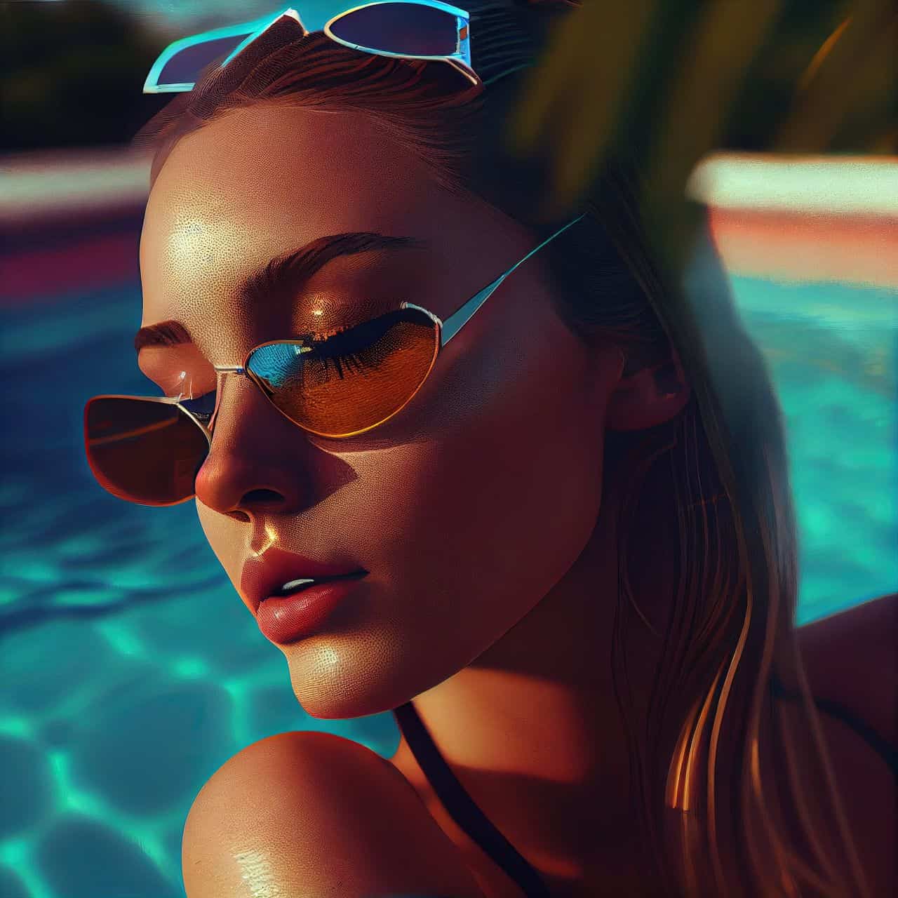 model in a pool wearing sunglasses