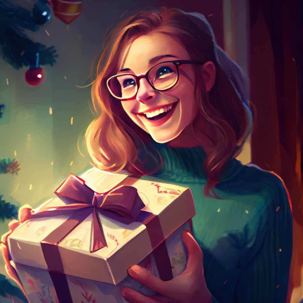 nerdy girlfriend opening a gift on Christmas
