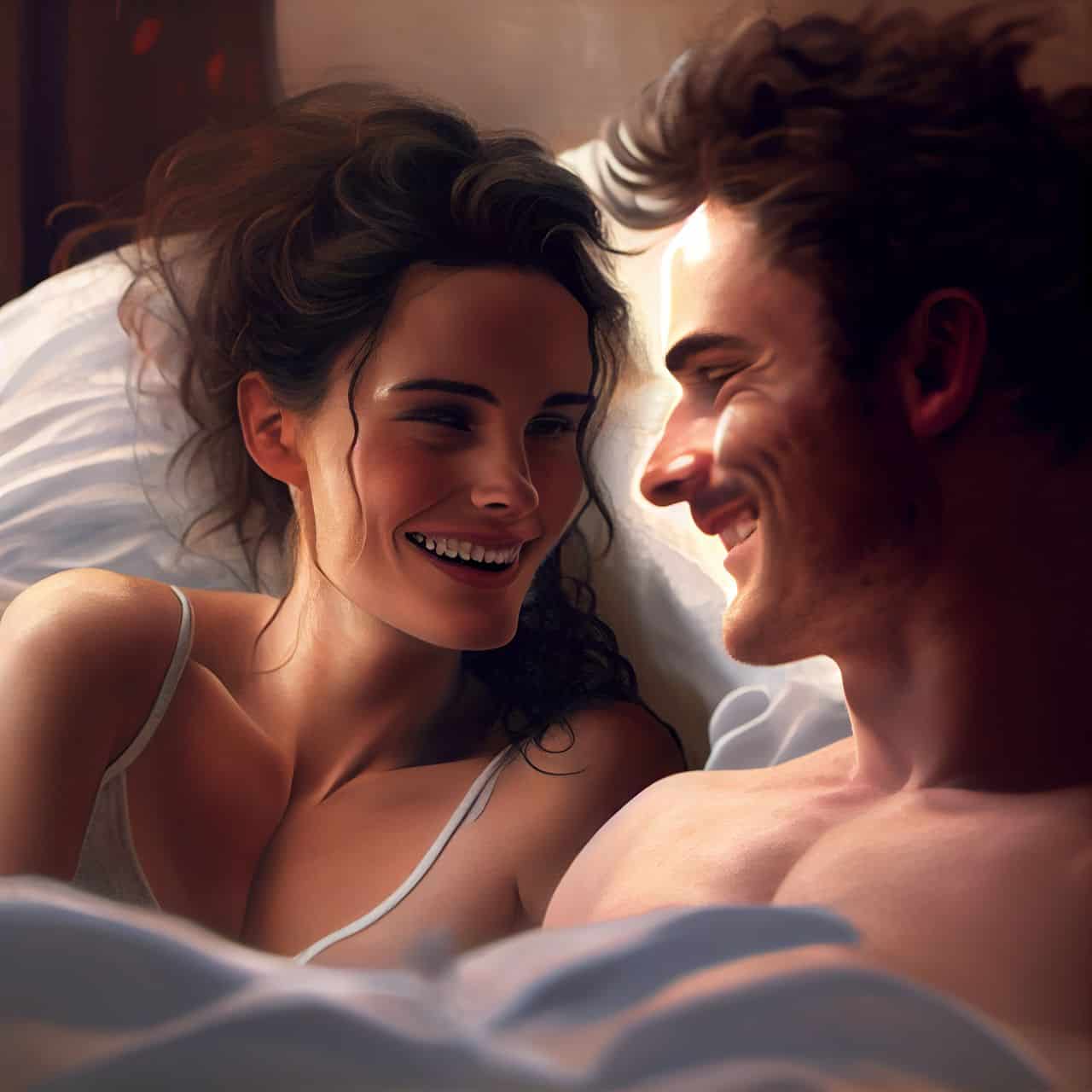 a beautiful woman smiling at a man in bed