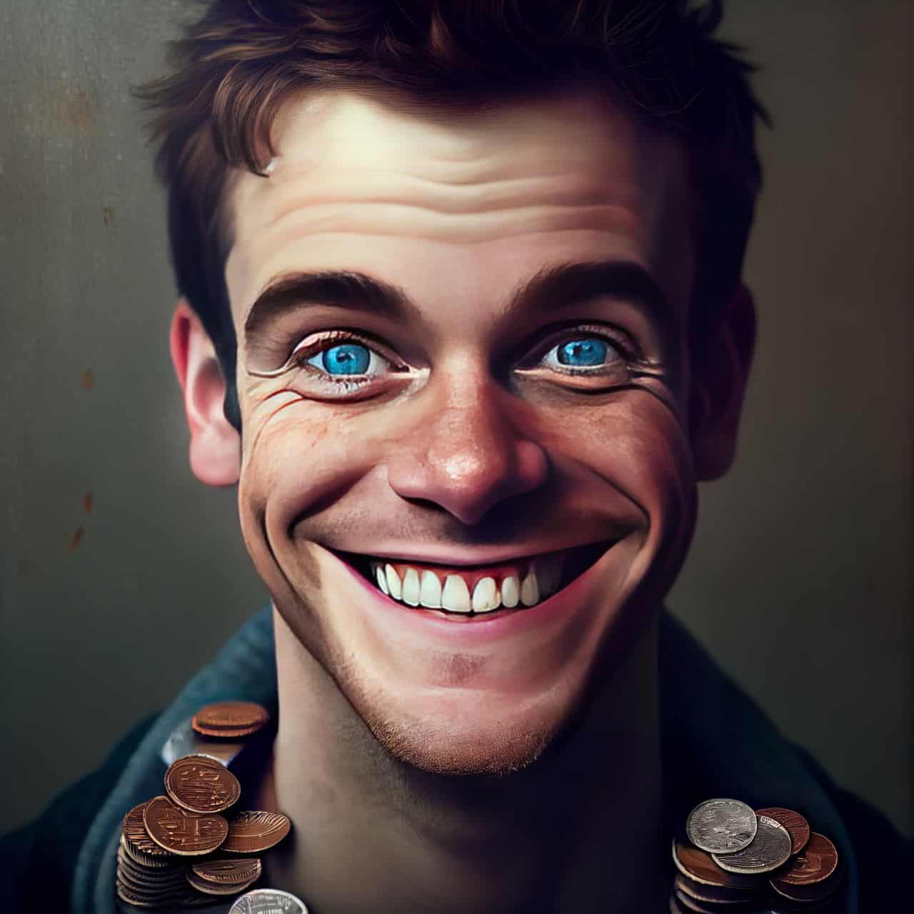 man smiling with coins