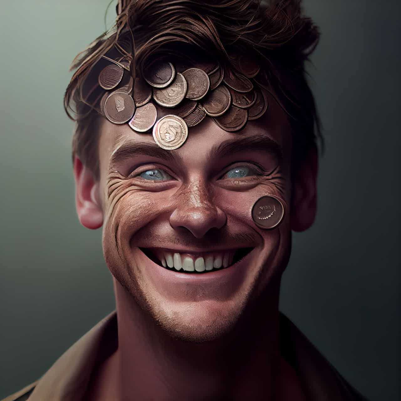 man with coins on his face