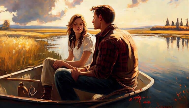 married couple in a boat on the lake