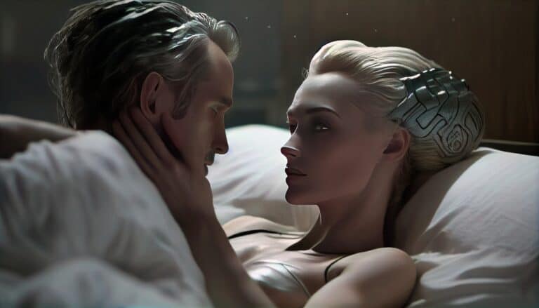 android woman in bed with a man
