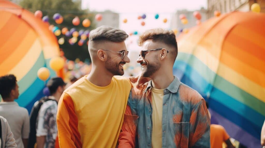 A woman twirls her hair nervously while sharing a moment with a man. Gay Friendly Date Concepts