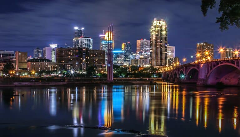 Nighttime view of downtown Minneapolis Minnesota