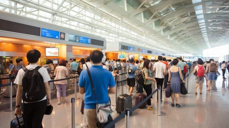 lining up to buy a ticket at the airport