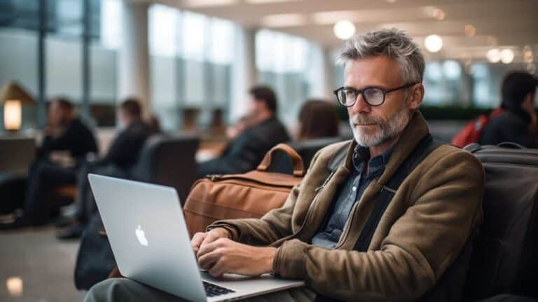 man using laptop in airport terminal
