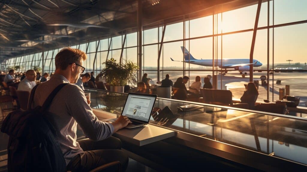 15 Airport Flight Booking Hacks to Score Cheap Flights and Travel for Less 15 man using laptop in an airport