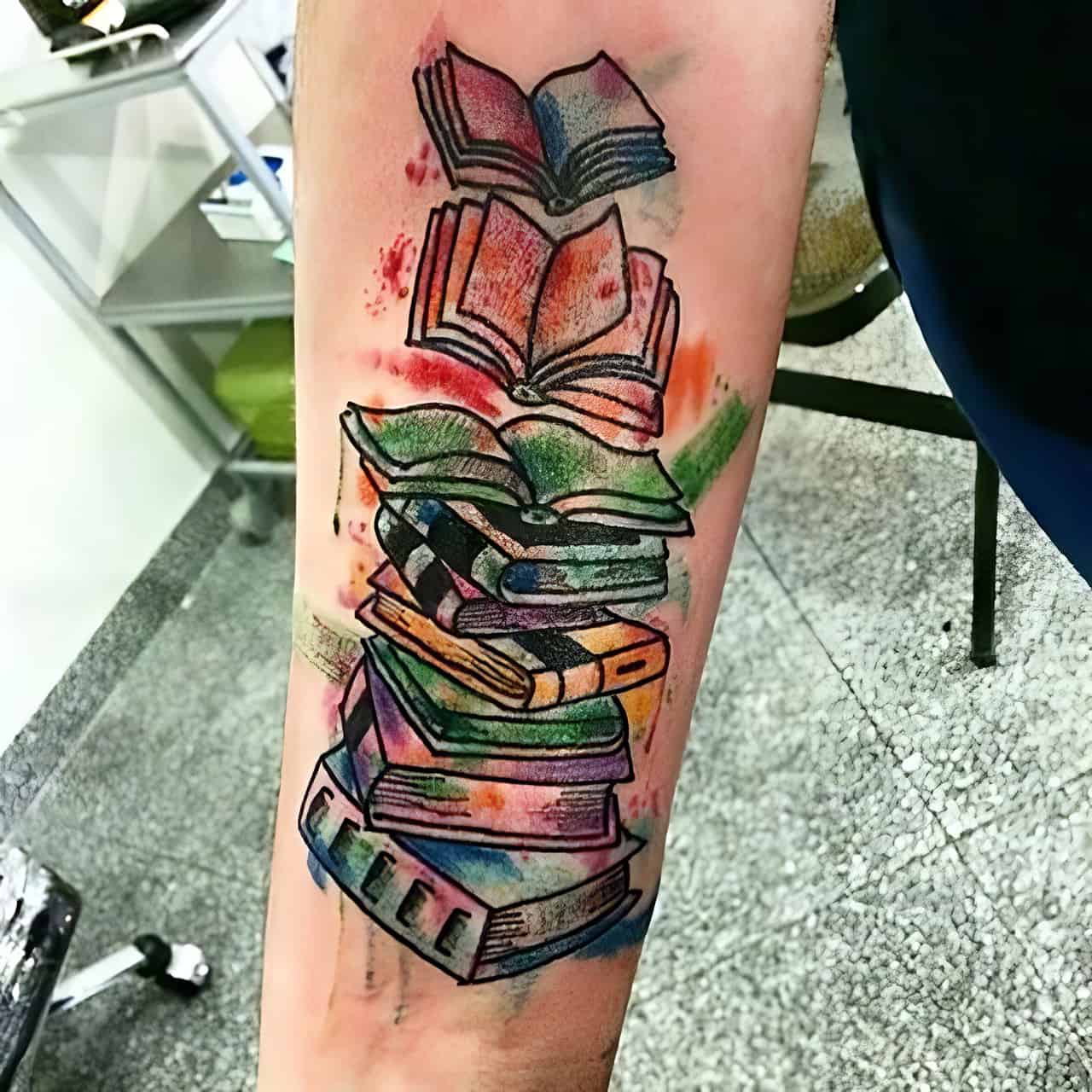 tattoo design of books and music notes in whirlwind style on Craiyon