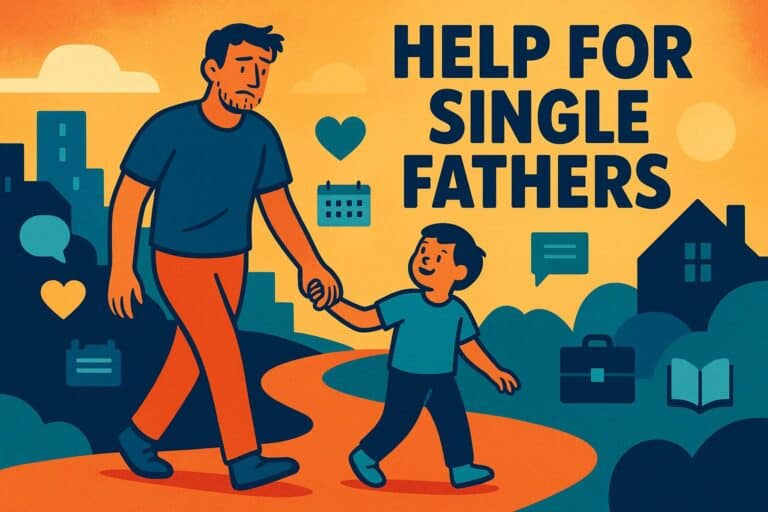 Help for single fathers illustration, dad and son walking in park, supporting parenting, fatherhood, family support.