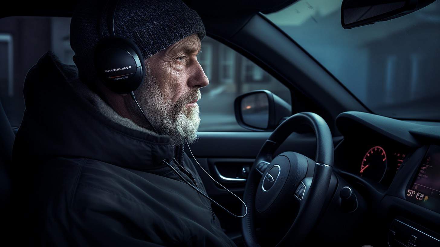 a man with special hearing aids driving his car