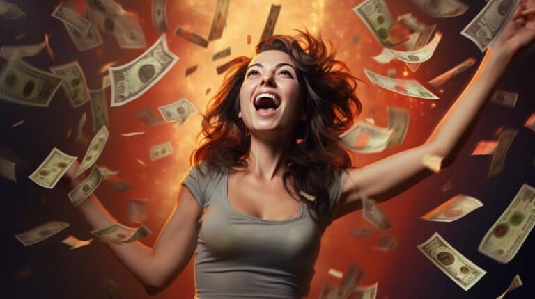 a woman throwing money in the air
