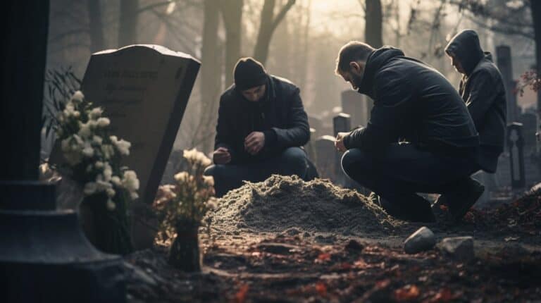 people grieving at a grave site