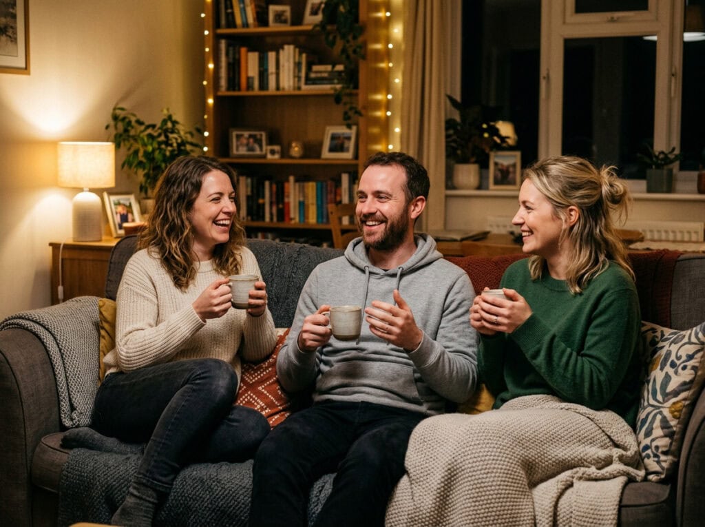 Group of three friends enjoying warm drinks and good conversation on a cozy Friday night at home. Perfect for solo or social relaxation.