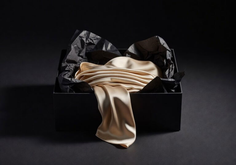 Elegant silk lingerie displayed in a black gift box with tissue paper, perfect for special occasions or romantic surprises. High-quality, luxurious fabric ideal for choosing the right lingerie for you.