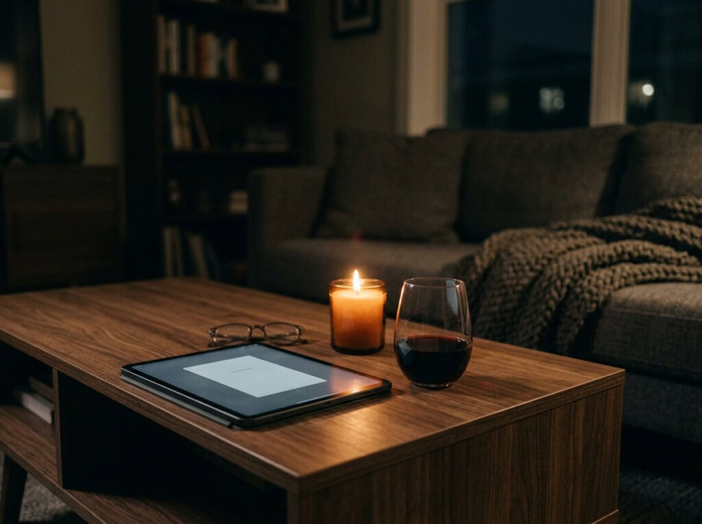 A relaxing evening scene with a glass of red wine, a lit candle, and an e-reader on a wooden coffee table in a comfortable living room.