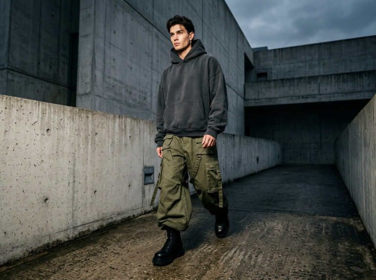 Young male model wearing oversized hoodie and cargo pants in a modern urban environment, showcasing streetwear style influenced by contemporary fashion trends.