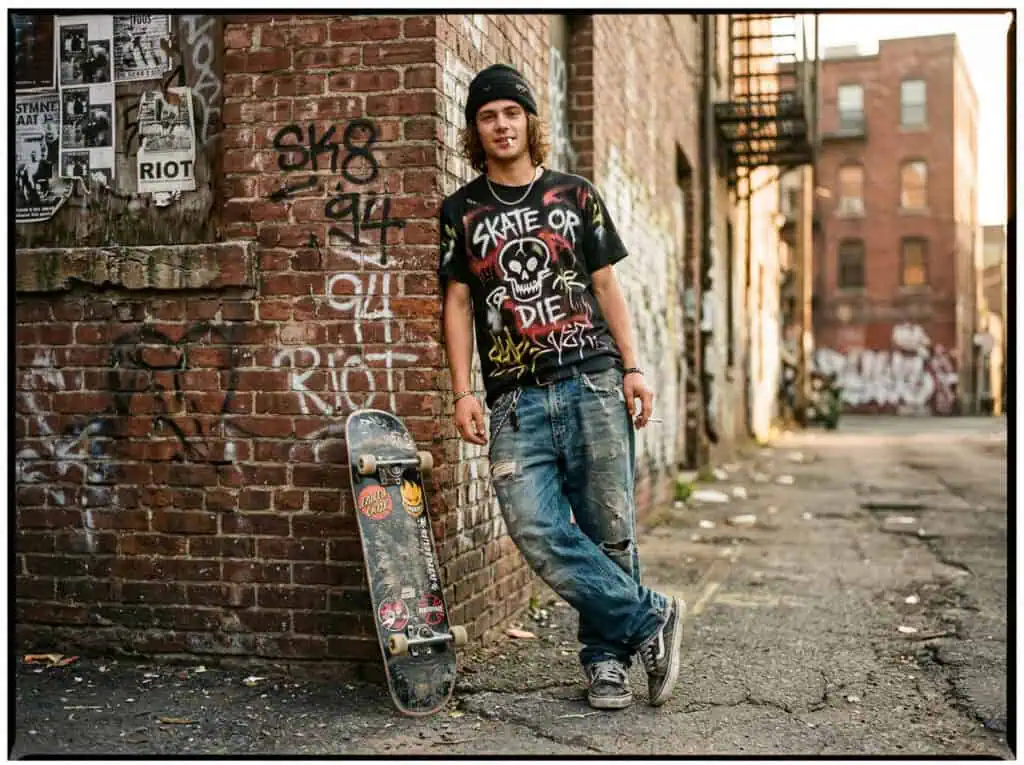 Urban streetwear style with skateboard, graffiti background.