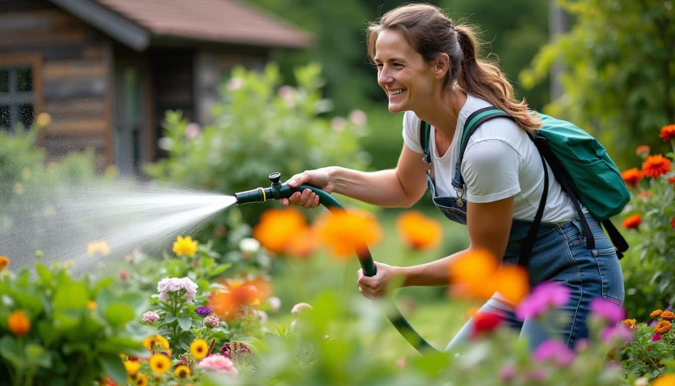 A woman in her 30s deep waters her vibrant garden. A woman in her 30s deep waters her vibrant garden.