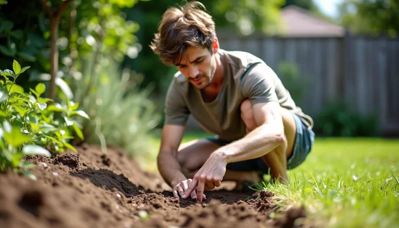 A person checks soil moisture in backyard garden under bright sunlight. A person checks soil moisture in backyard garden under bright sunlight.