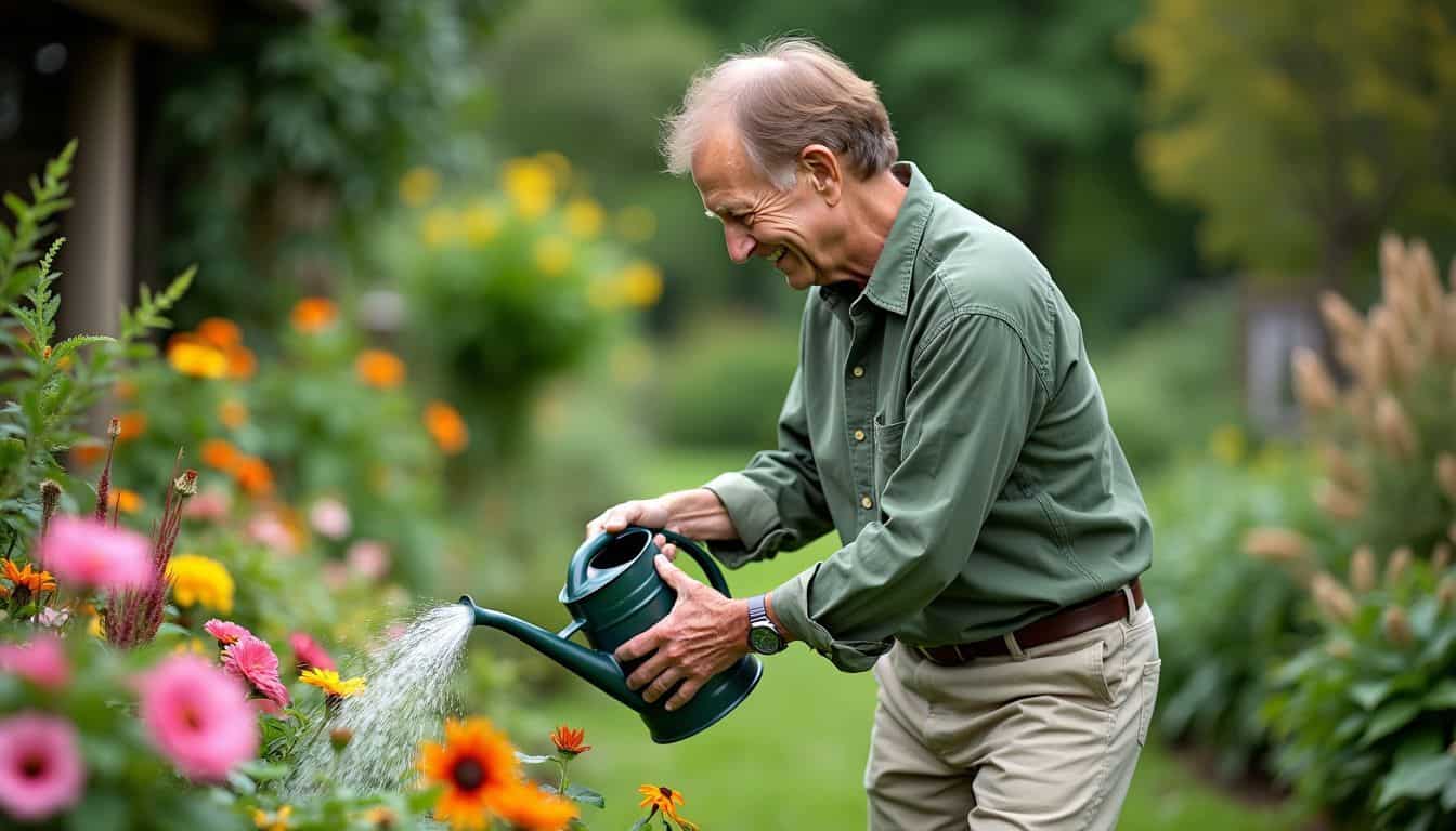 A middle-aged person watering colorful plants in a lush garden. A middle-aged person watering colorful plants in a lush garden.