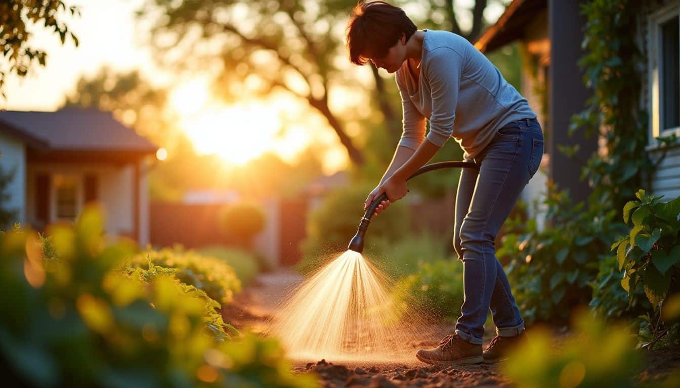 A person is calmly watering their garden with a soaker hose at sunset. A person is calmly watering their garden with a soaker hose at sunset.